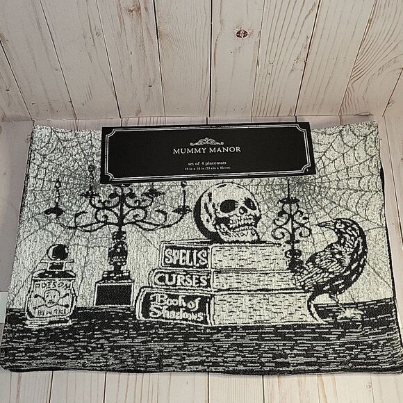 Set  4 Tapestry Skull Crow Spells Haunted Halloween  Placements New Mummy Manor - Picture 1 of 7